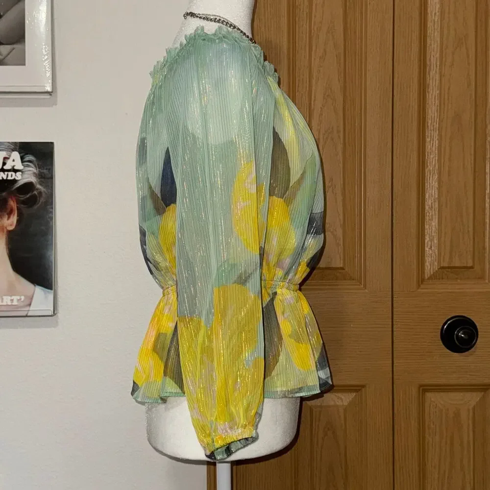 White Houses Black Market Off Shoulder Blouse Size XS Boho Fairy Yellow Teal - Picture 3 of 10
